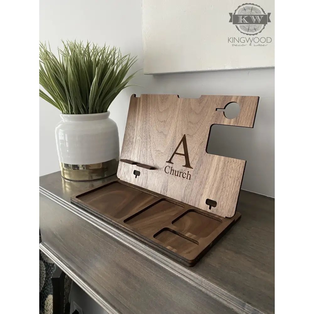Wooden docking station for smart phone, Apple Watch, and accessories display