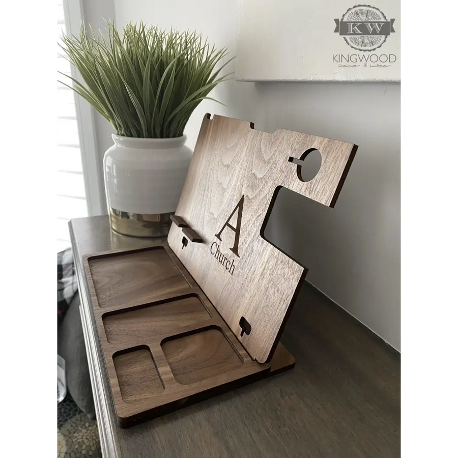 Wooden docking station organizer for smart phone, Apple Watch, and accessories