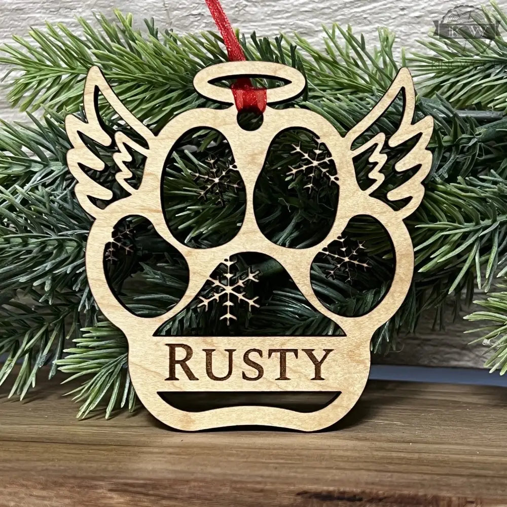 Wooden pet memorial ornament featuring personalized dog paw print for custom dog paw keepsake