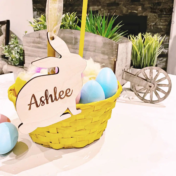 Yellow Easter basket with bunny tag, ideal for Easter Baskets and Easter Bunny gifts