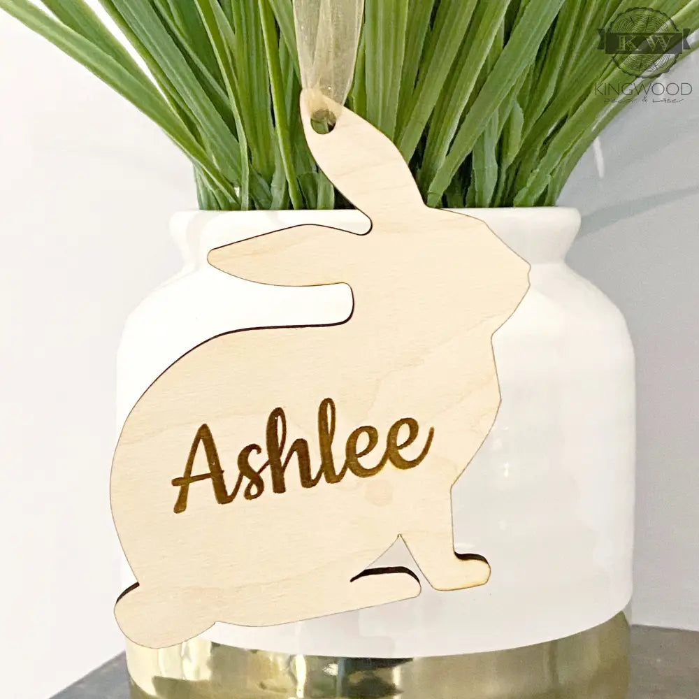 Wooden Easter Bunny ornament with personalized name for Easter basket decoration