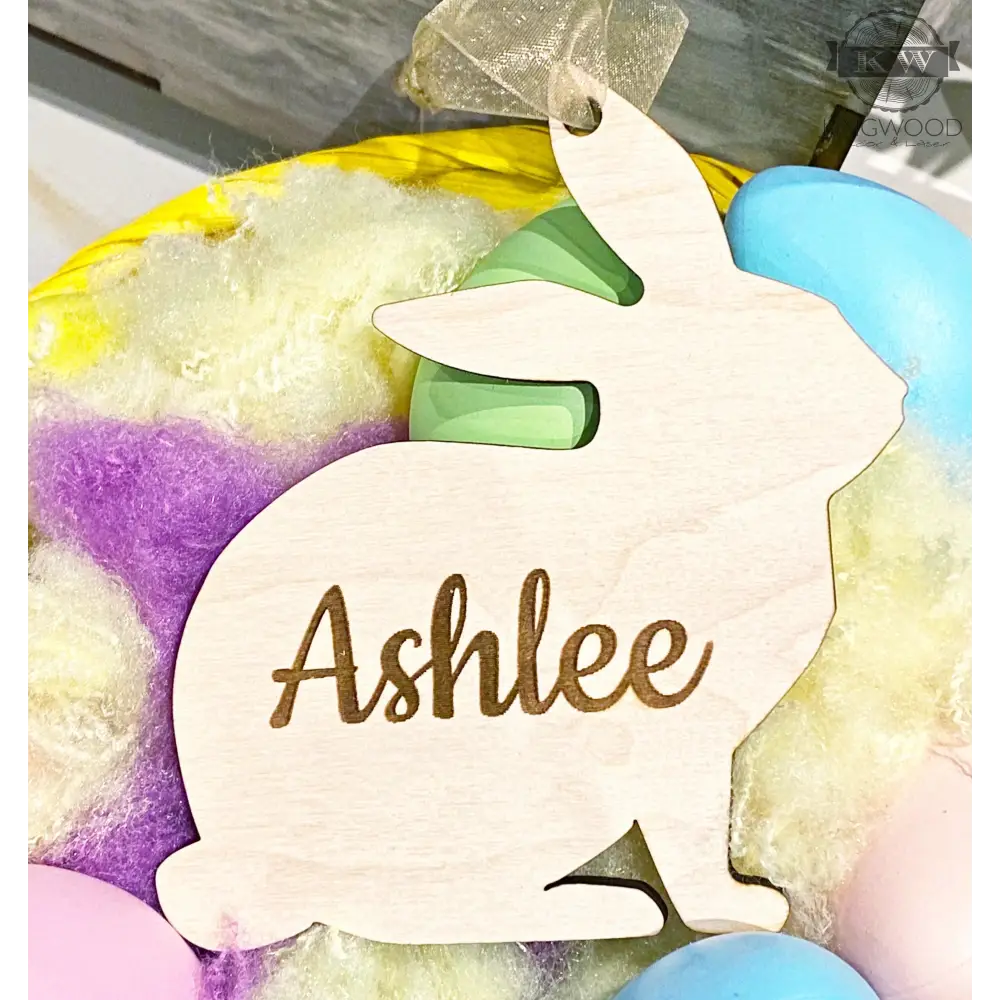 Wooden Easter Bunny ornament with personalized name tag for Easter basket decor