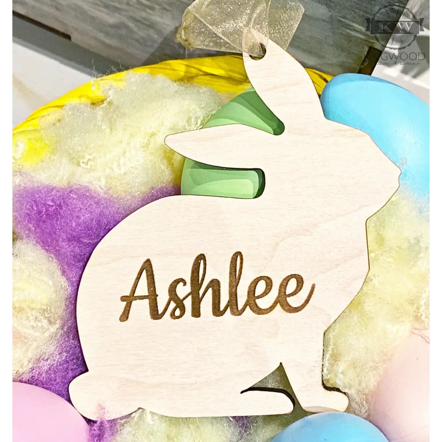 Wooden Easter Bunny ornament with personalized name tag for Easter basket decor
