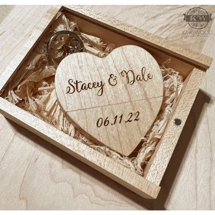 Maple wooden ring box with heart shape, perfect for personalized USB drive storage