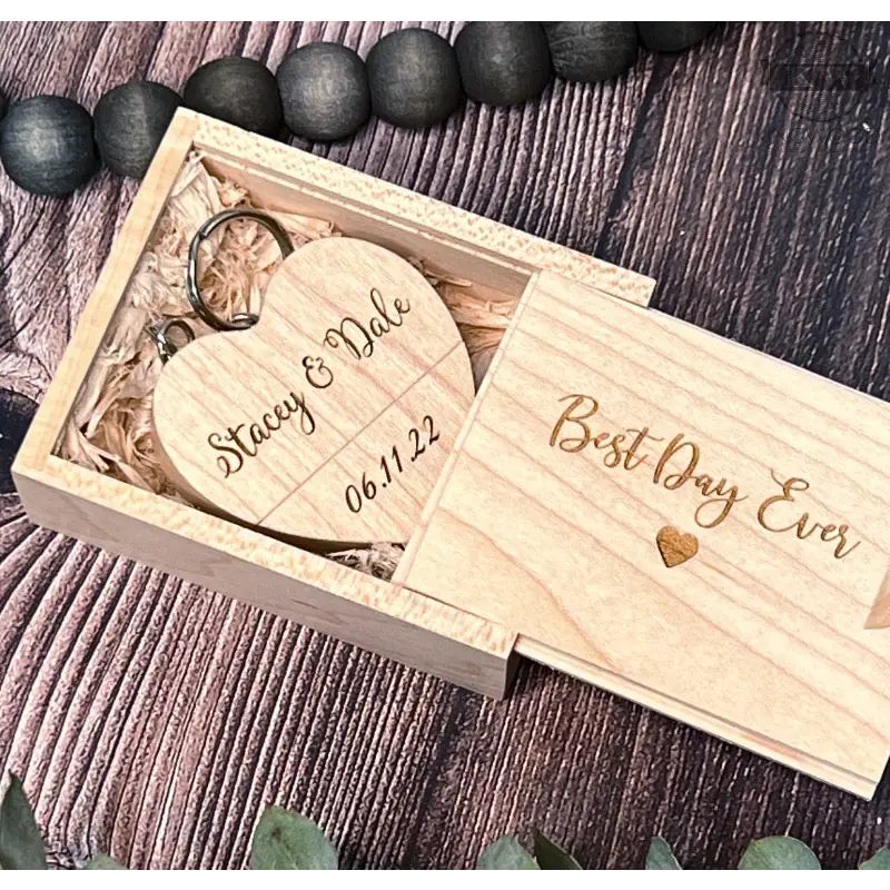 Maple wooden USB drive with engraved wooden box and wooden heart keychain display
