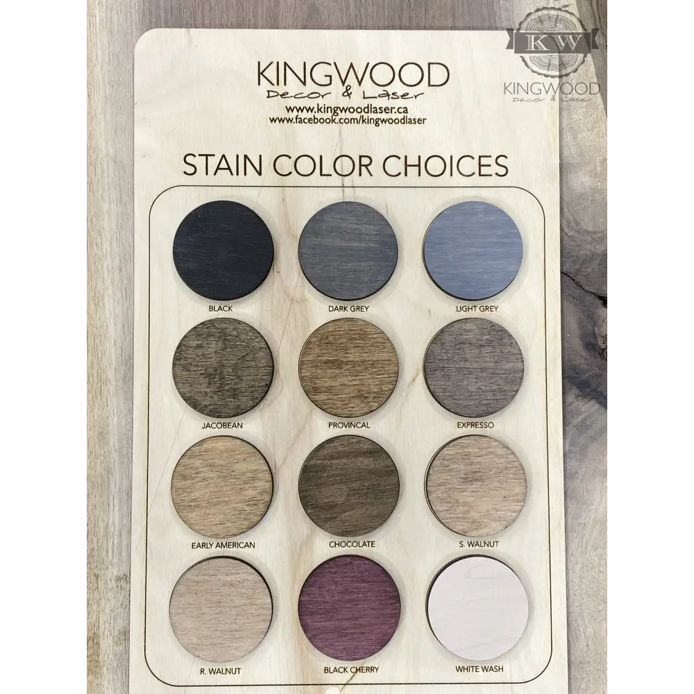 Wood stain color sample board for personalized round signs, wall shelf, or decor
