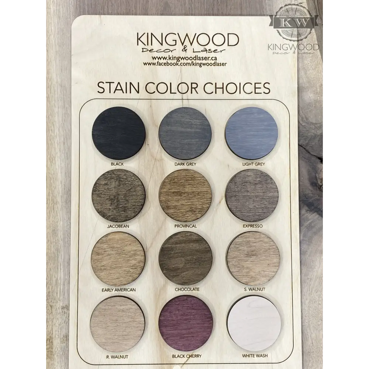 Wood stain color sample board for personalized round signs, wall shelf, or decor