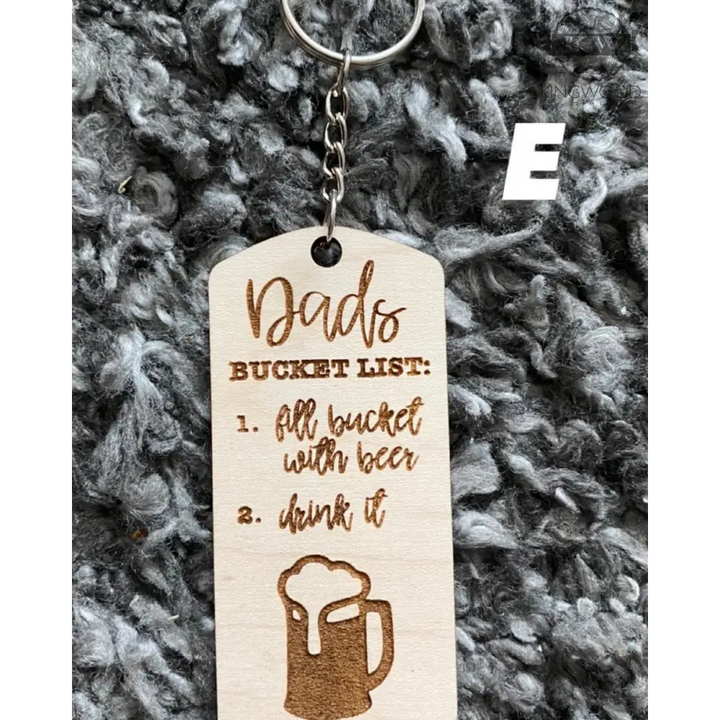 Premium laser engraved wooden keychain featuring Dad’s Bucket List for Father’s Day celebrations