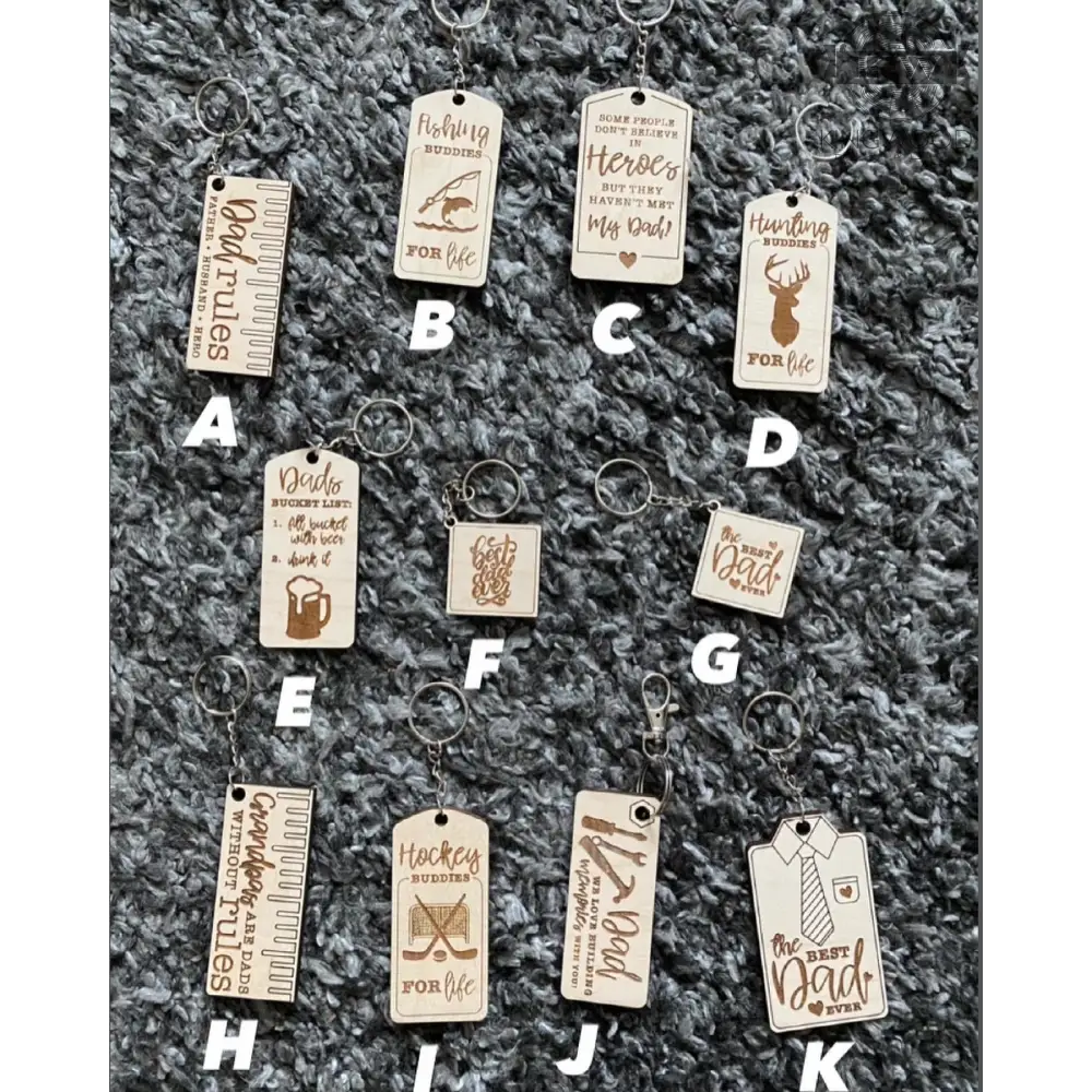 Premium laser engraved Father’s Day wooden keychains with various designs for special occasions
