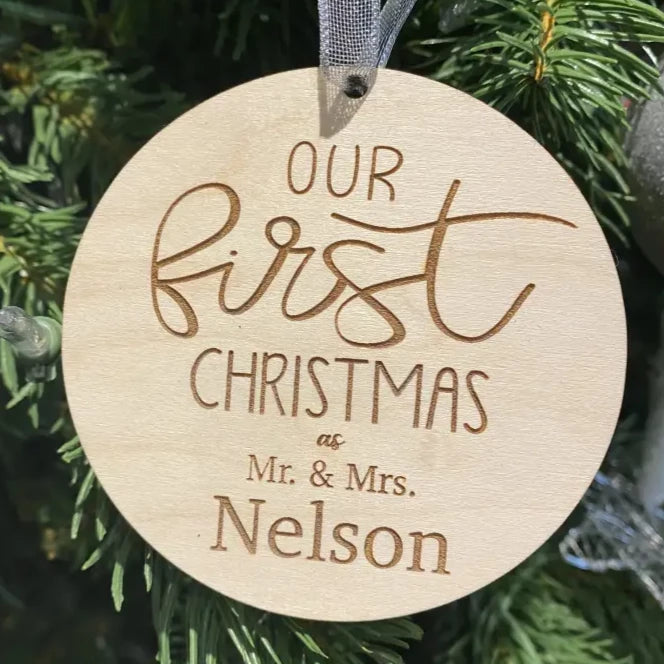 Engraved wooden personalized ornament for couples’ first Christmas together, ideal Christmas personalized decoration