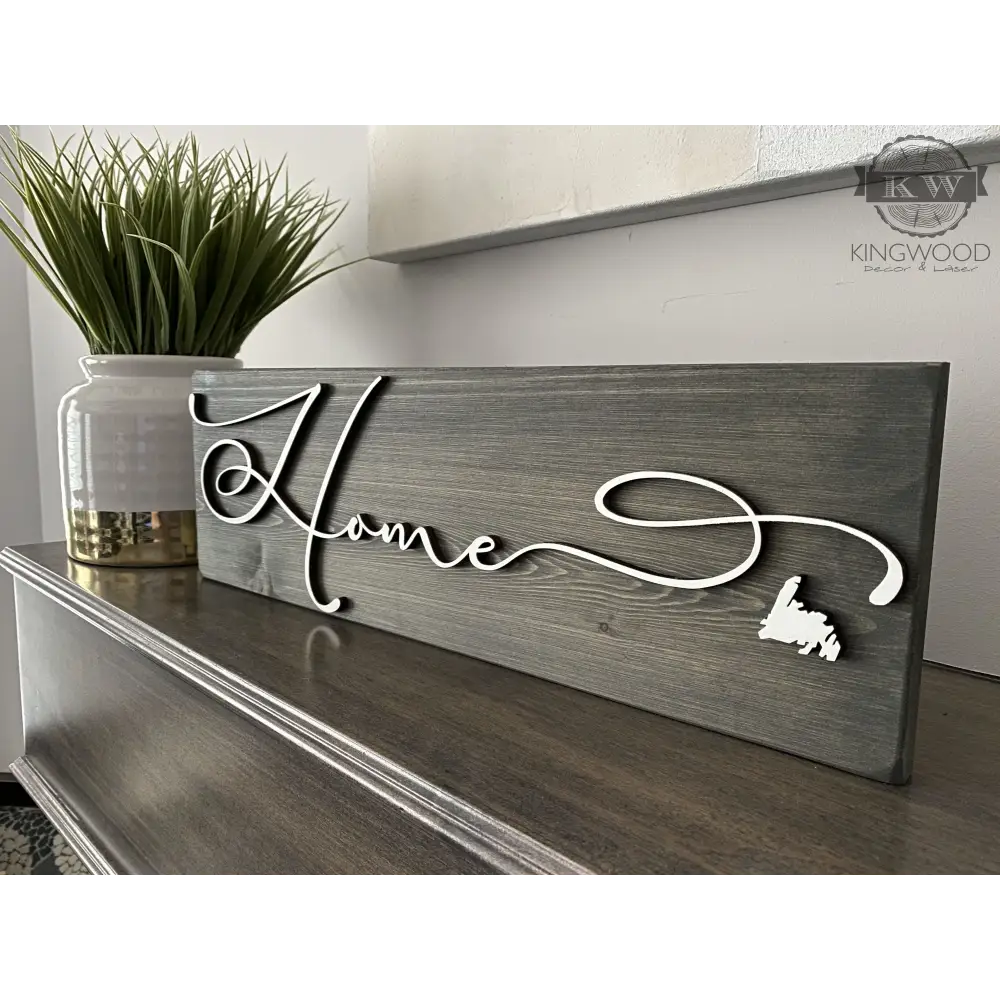 Gray wooden home sign with laser cutout letters and Provincial map design