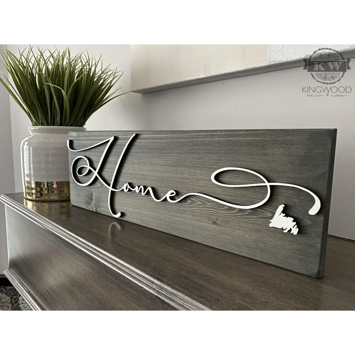 Gray wooden home sign with laser cutout letters and Provincial map design