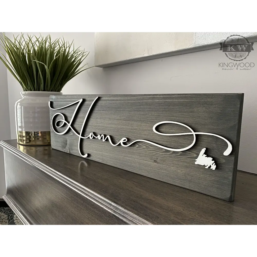 Gray wooden home sign with laser cutout letters and Provincial map design