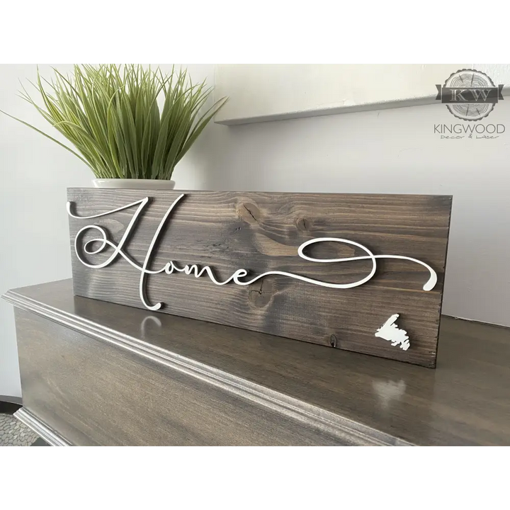 Wooden home sign with laser cutout letters, part of provincial map decor or cutting boards
