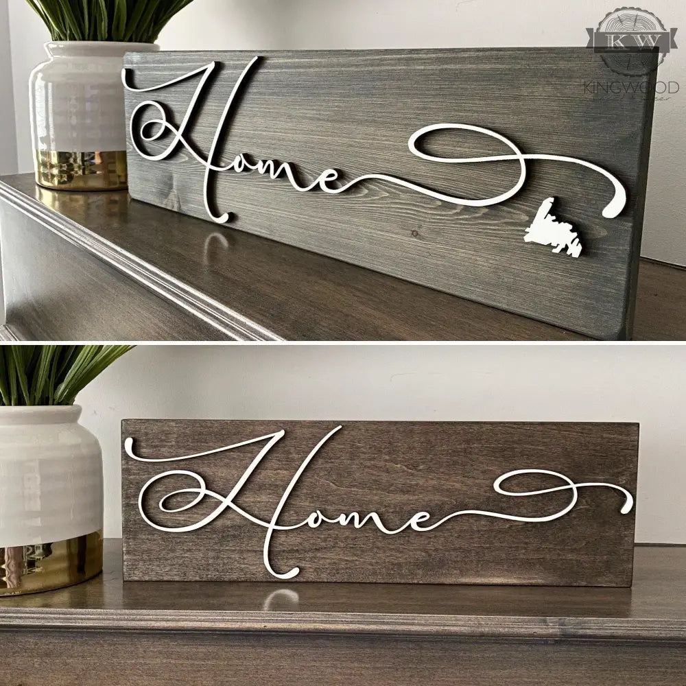 Wooden home sign with laser cutout letters, ideal for decor or cutting boards