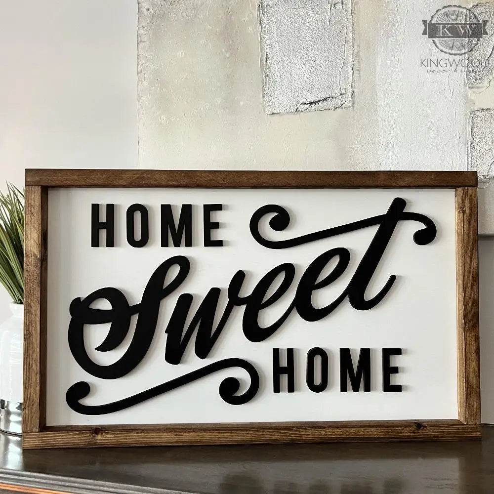 Framed home sweet home 3D laser cut words wooden sign showcasing laser cut design