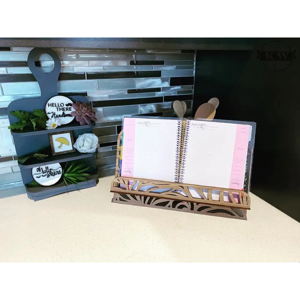Homestyle book recipe stand with two-tiered display and monogram engraving suitable for cutting boards