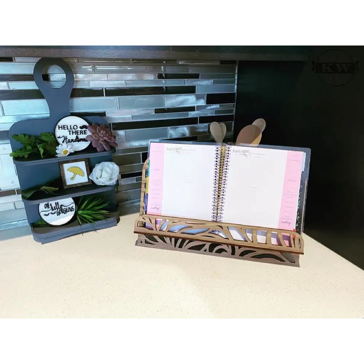 Homestyle book recipe stand with two-tiered display and monogram engraving suitable for cutting boards