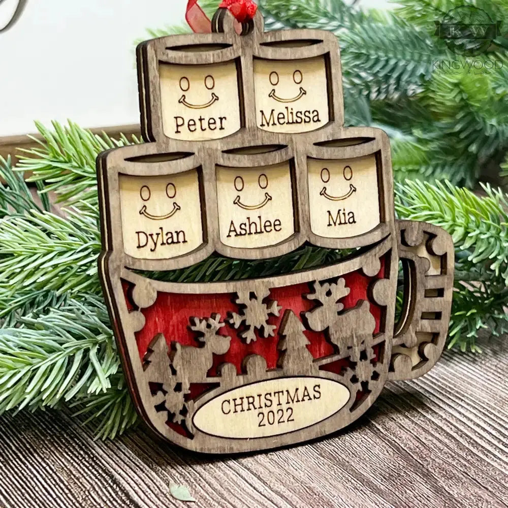 Personalized family names ornament with hot cocoa design for home decor or gift