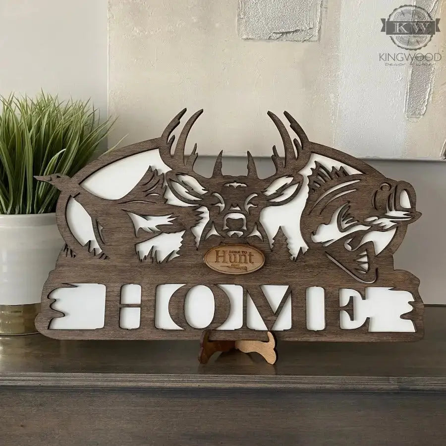 Wooden HOME sign with deer and fish, ideal for fishing monogram signs and duck buck fish decor
