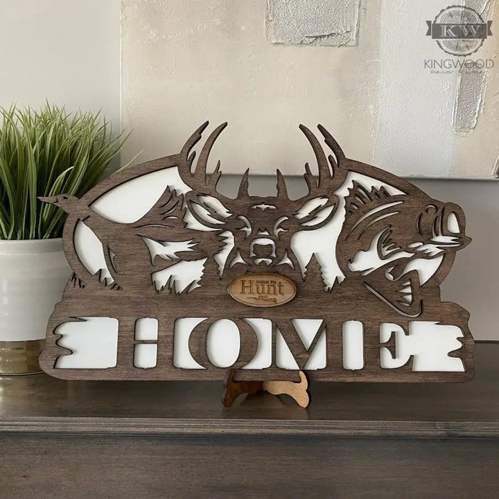 Wooden HOME sign with deer and fish, ideal for fishing monogram signs and duck buck fish decor