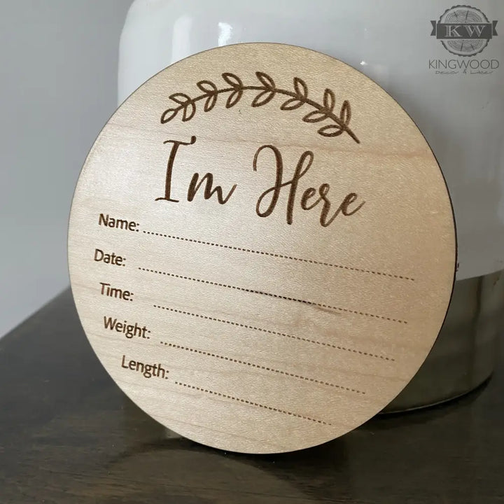 Laser engraved wooden baby announcement disc for personalized decor and cutting boards