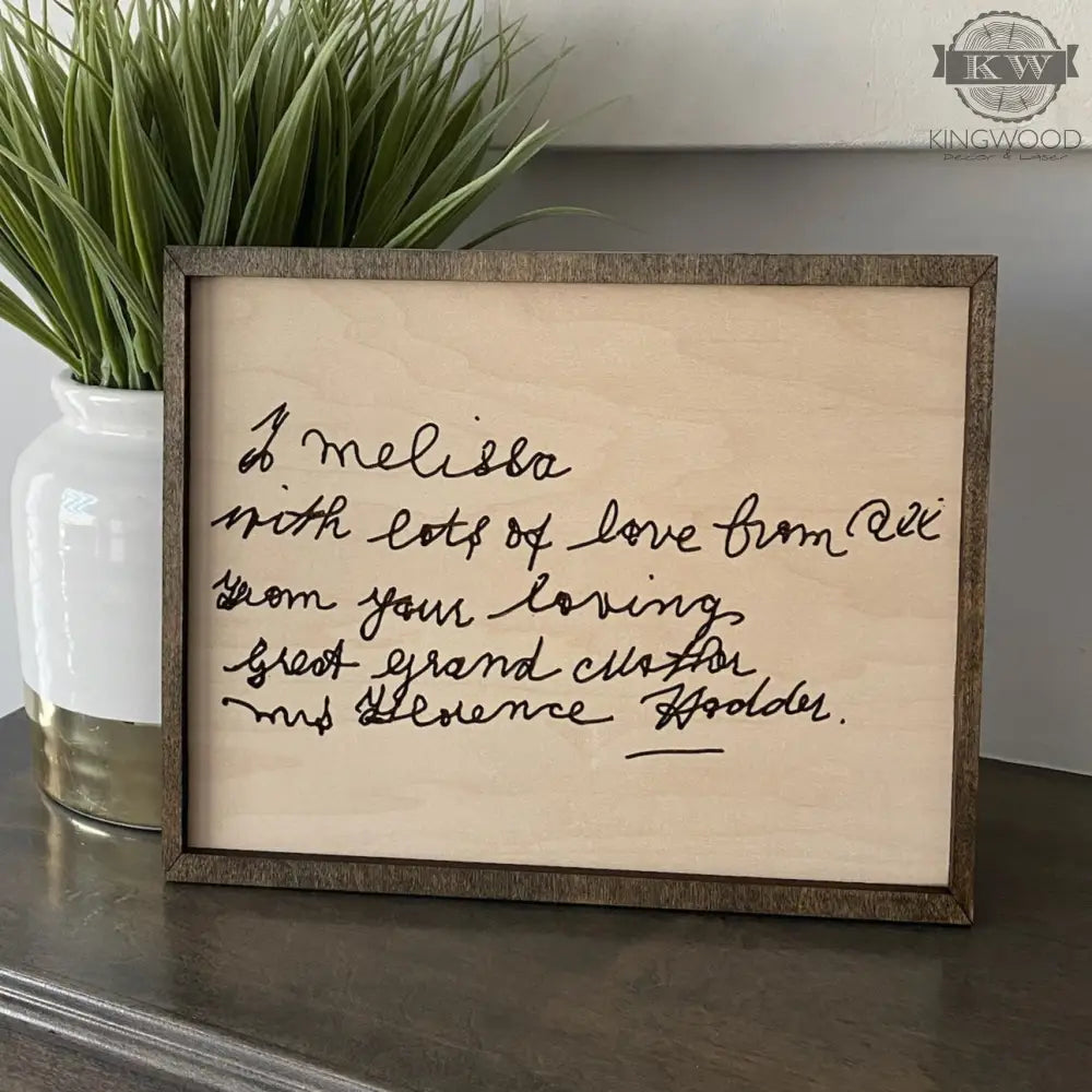 Framed handwritten message in a keepsake handwriting frame for personalized display