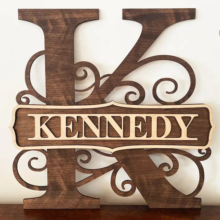 Large 3D multi-layer wooden monogram sign with letter K and Kennedy nameplate for family heritage