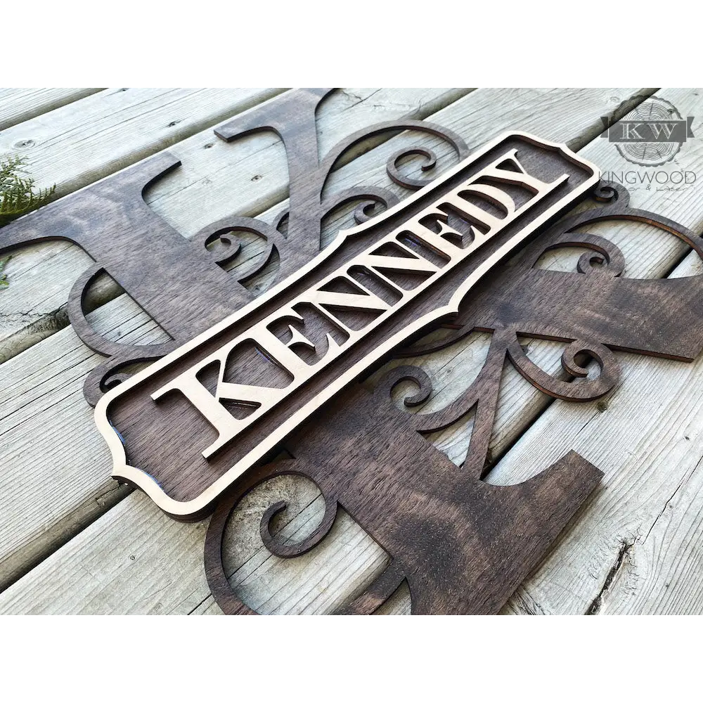 Large 3D multi-layer wooden monogram sign for family heritage display