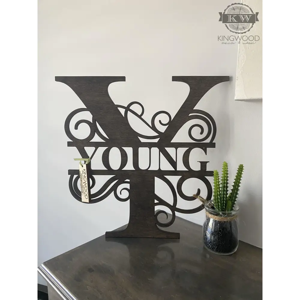 Large family monogram sign with wooden letter Y and Young in center for personalized decor