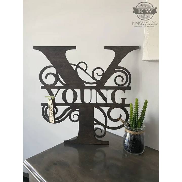 Large family monogram sign with wooden letter Y and Young in center for personalized decor