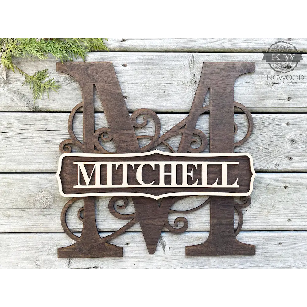 Large 3D multi-layer wooden monogram sign featuring letter M with nameplate for family heritage