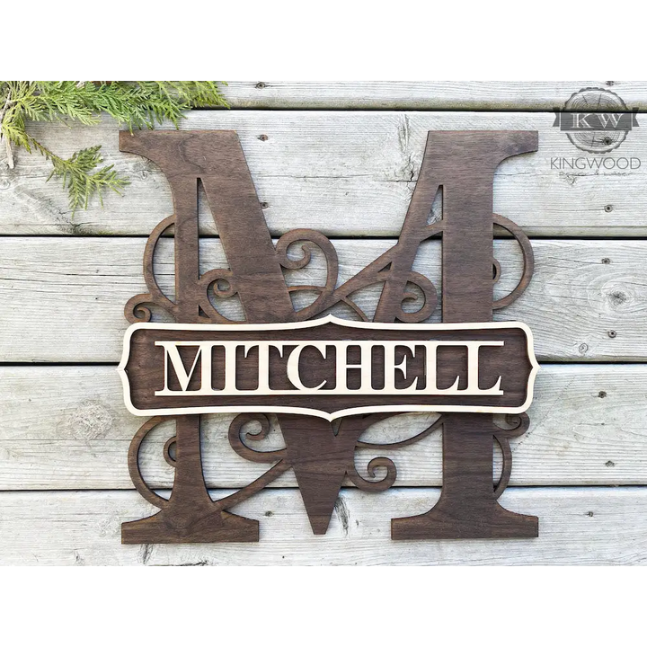 Large 3D multi-layer wooden monogram sign featuring letter M with nameplate for family heritage
