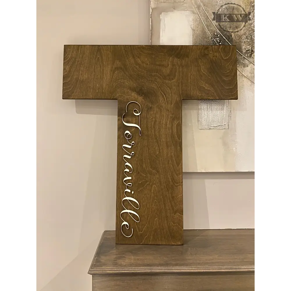 Wooden letter shaped signature sign with cursive text for wedding guestbook alternative