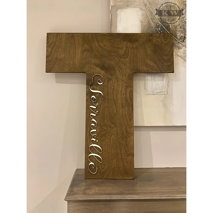 Wooden letter shaped signature sign with cursive text for wedding guestbook alternative