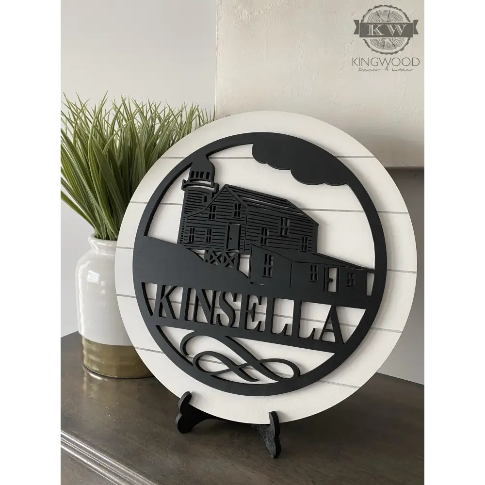 Personalize round shiplap signs wall decor with black lighthouse silhouette