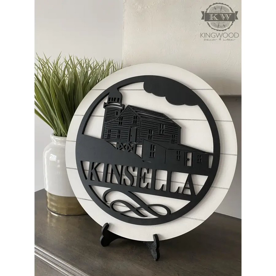 Personalize round shiplap signs wall decor with black lighthouse silhouette