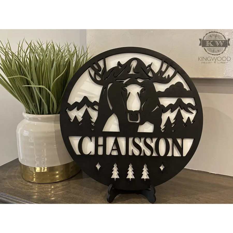 Moose-themed animal sign with solid backing on white background decor