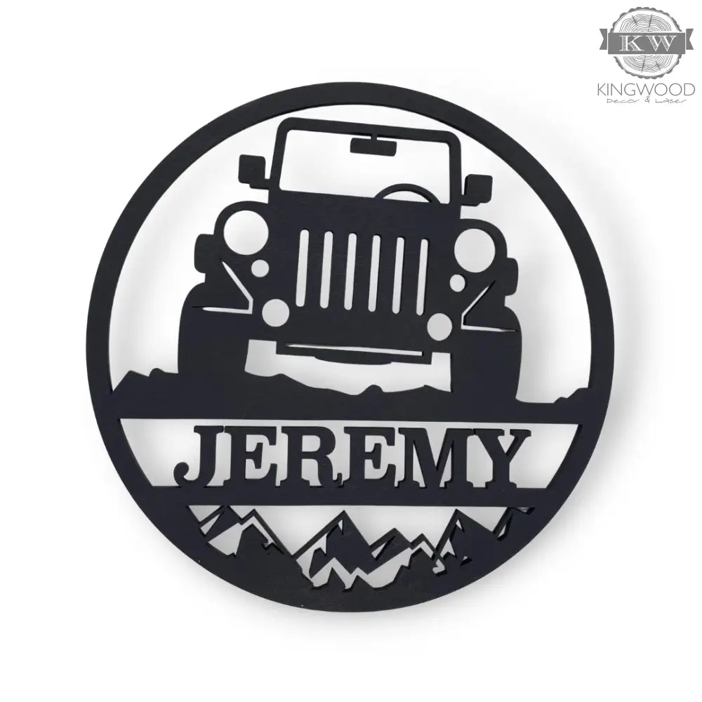 Black metal Jeep-themed wall art for motorcycle camper and camper jeep vehicle signs
