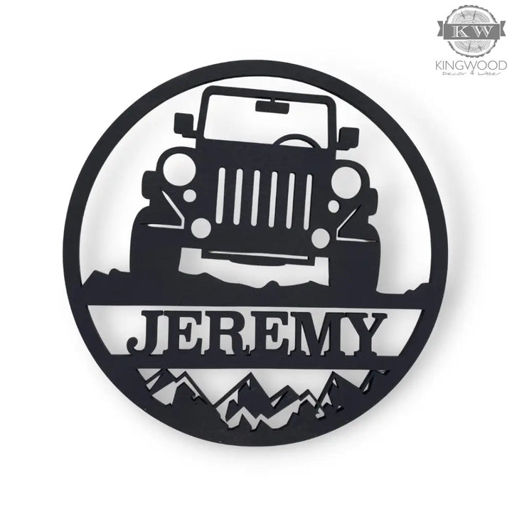 Black metal Jeep-themed wall art for motorcycle camper and camper jeep vehicle signs