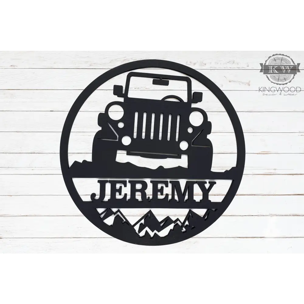 Black metal Jeep-themed name sign for motorcycle camper, camper jeep, and vehicle decoration