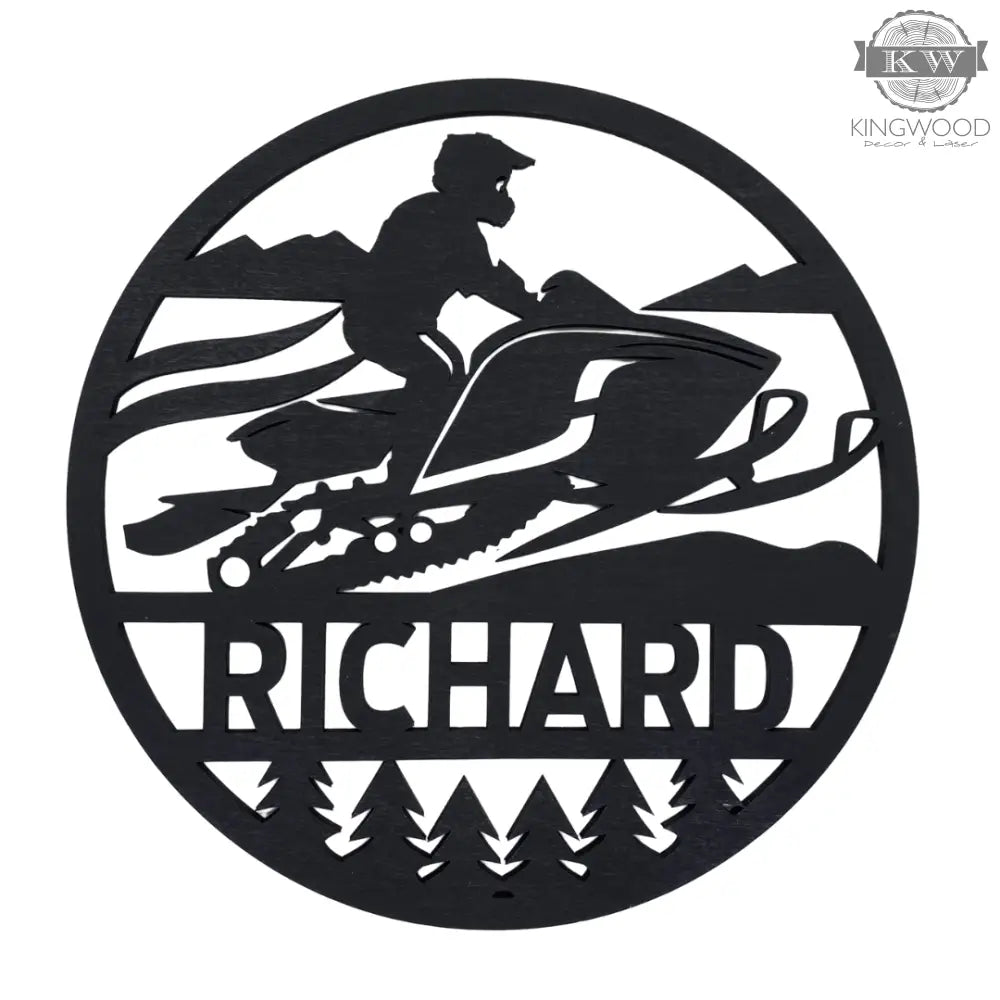 Black snowmobile silhouette on personalized motorcycle camper jeep and camper jeep signs
