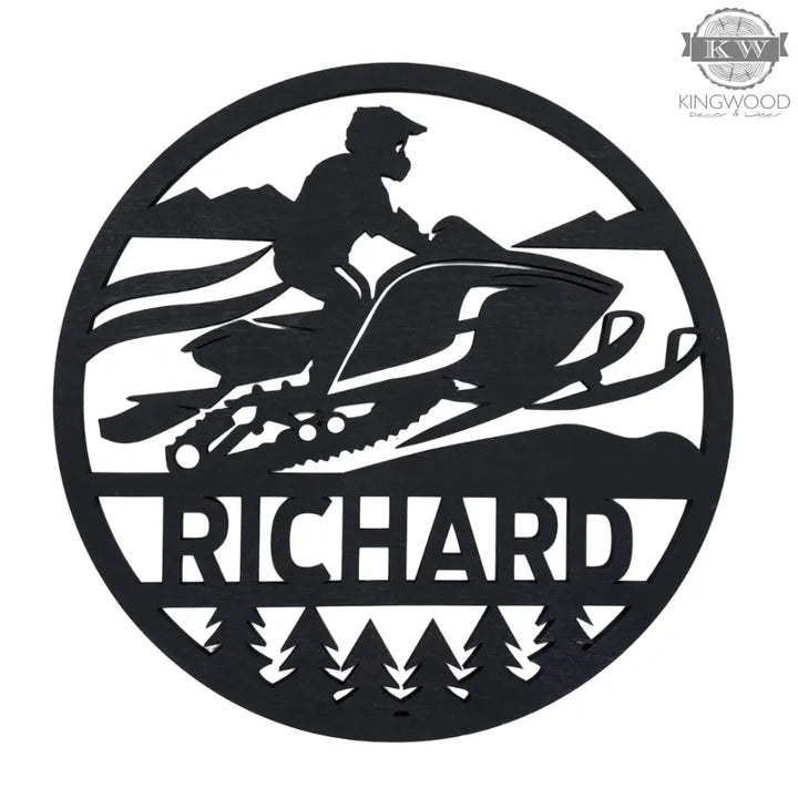 Black snowmobile silhouette on personalized motorcycle camper jeep and camper jeep signs