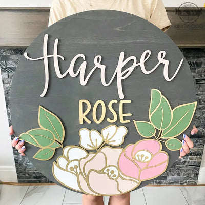 Nursery round name signs with flowers 3d laser cut,