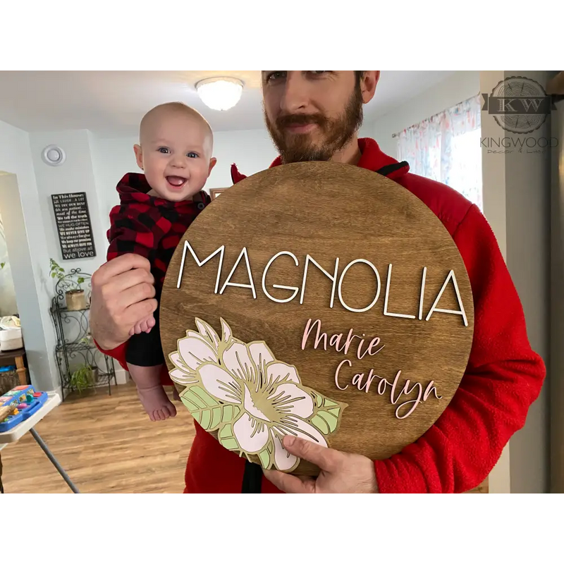 Nursery round name signs with flowers 3d laser cut,