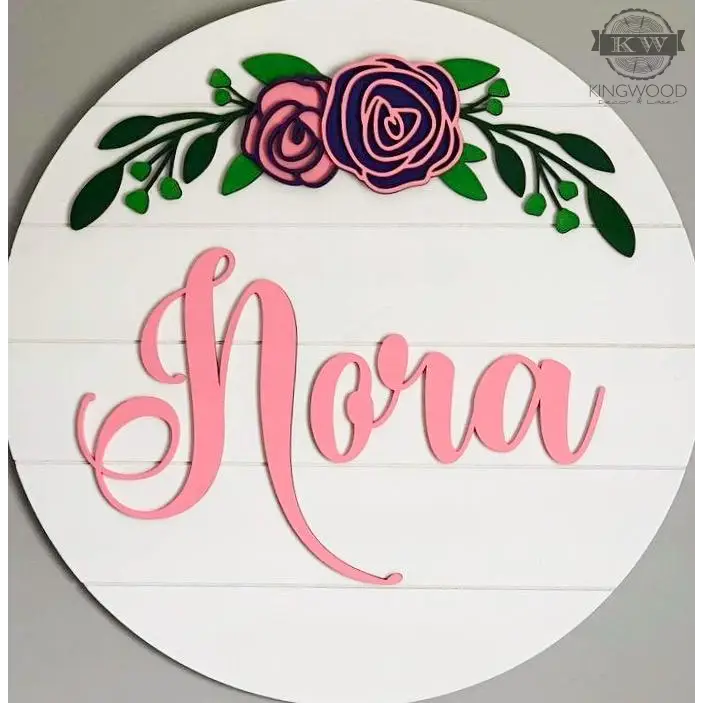 Nursery round name signs with flowers 3d laser cut,