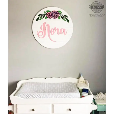 Nursery round name signs with flowers 3d laser cut,