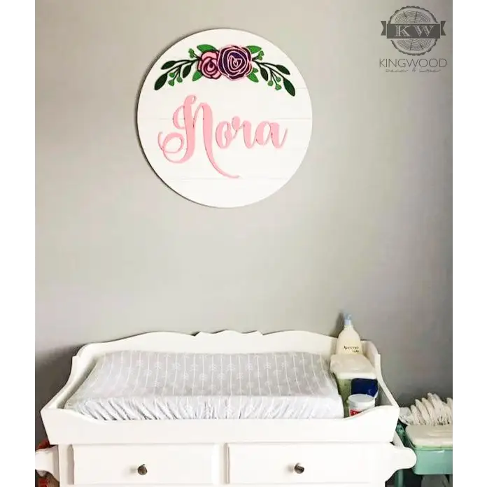 Nursery round name signs with flowers 3d laser cut,