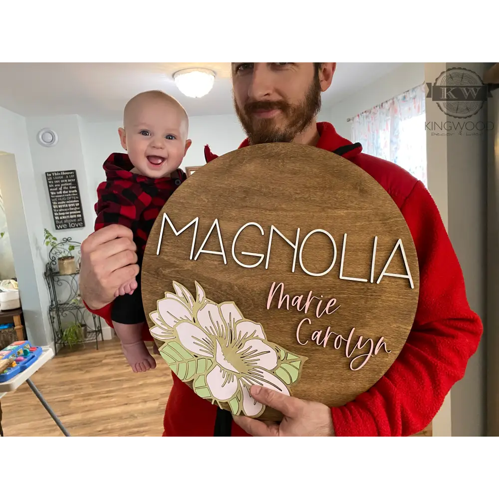Wooden nursery round sign with magnolia flower design suitable for home decor