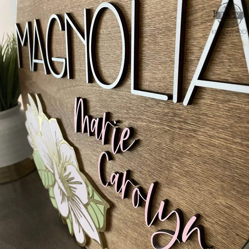 Nursery round name signs with magnolia flower 3d laser cut,